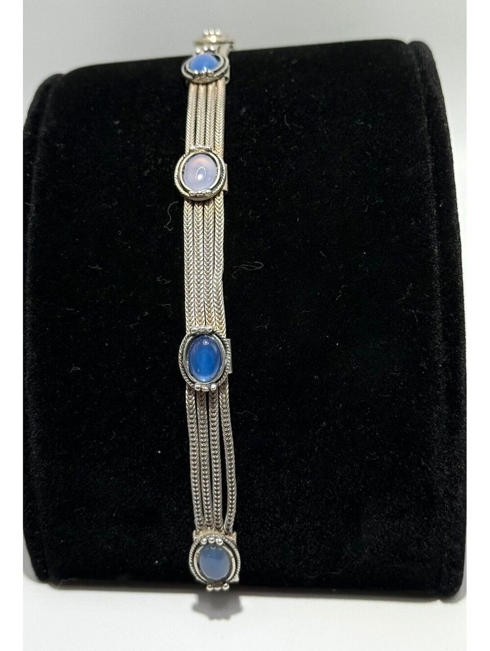 Sterling Silver Multi-Strand Foxtail Bracelet with Blue Chalcedony Cabochons